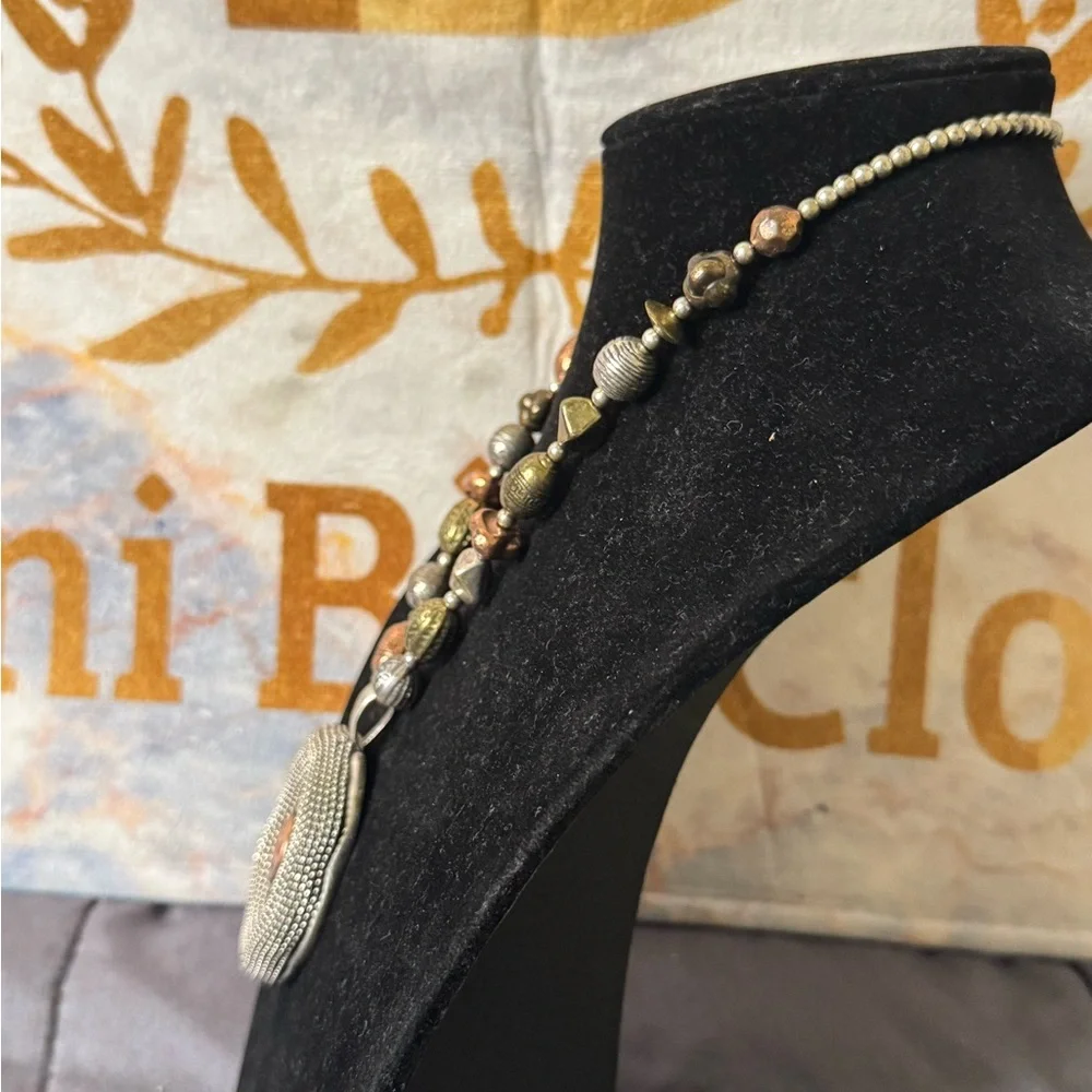 Boho Mixed Metal Statement Necklace w/ Large Textured Pendant - Picture 5 of 9